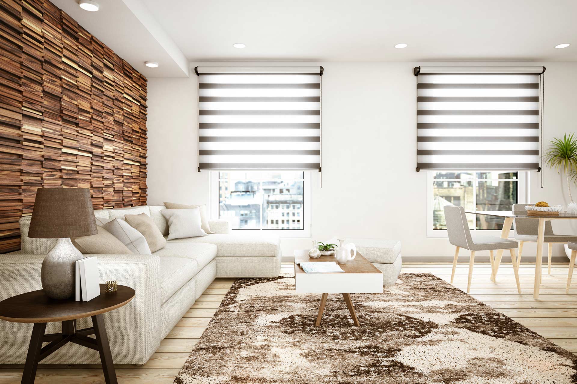 3D-Paneele in Holz- und Steinoptik Blick in modernes kleines Wohnzimmer mit 3D Wandpaneel aus Holz